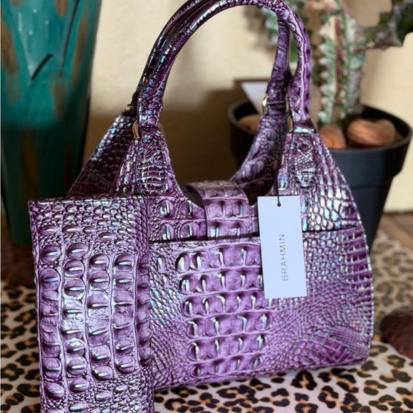 Brahmin Iridescent Purple Crocodile-Embossed Shoulder Bag FiRM - Picture 8 of 16